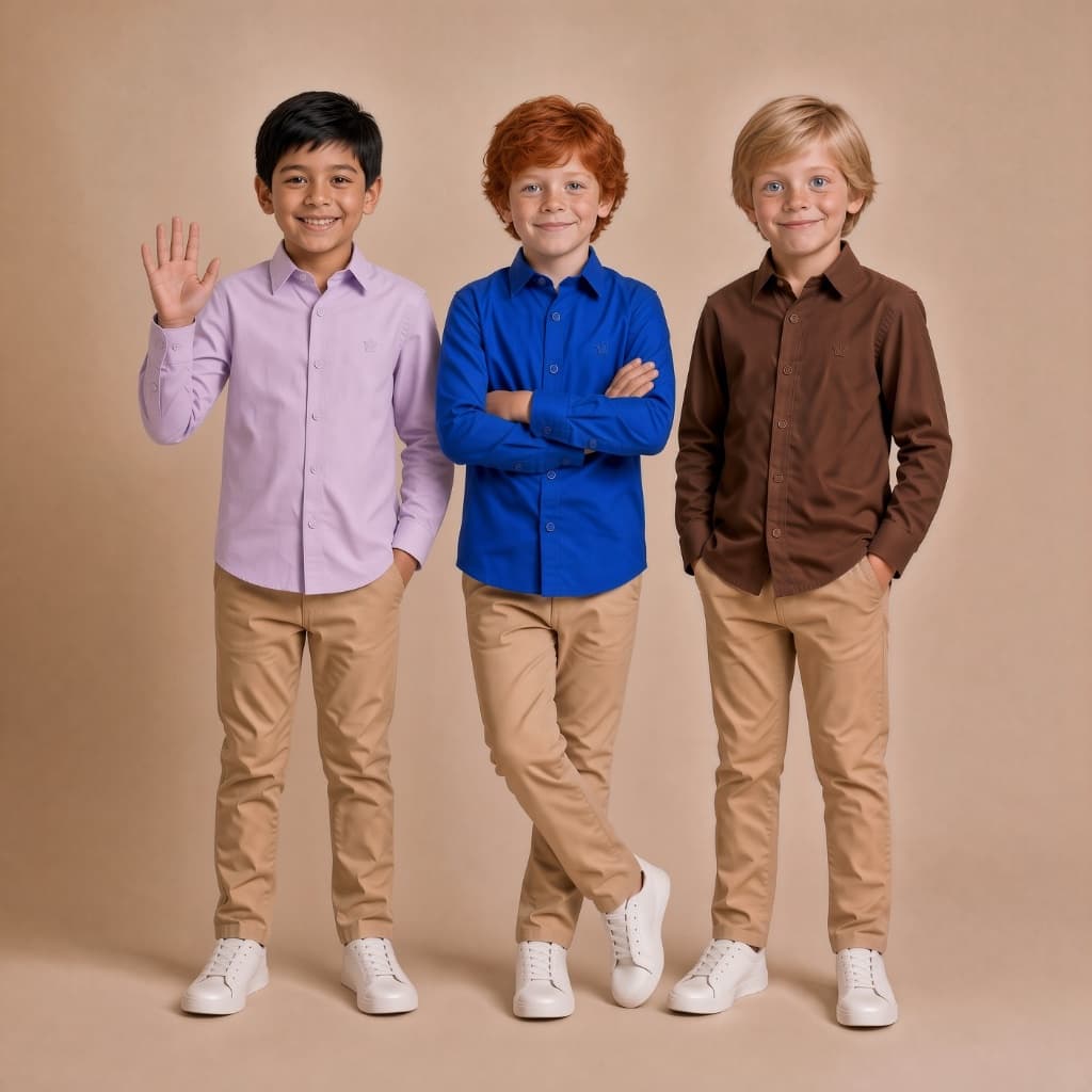 Camisa Social Infantil Manga Longa Slim Menino Azul Lilás Marrom Elegância para Casamento e Festa