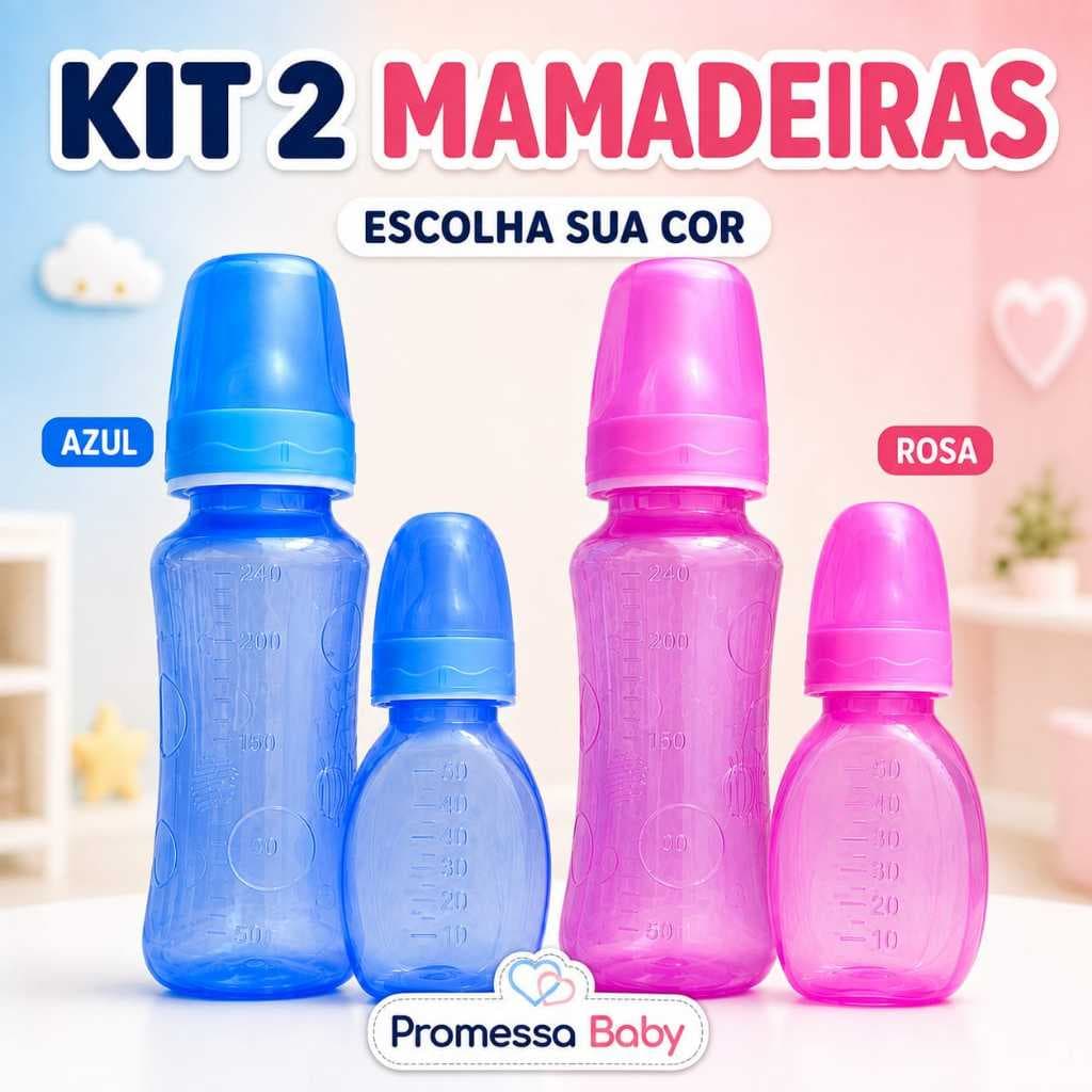 Kit 2 Mamadeiras Bebê 240ml e 50ml Bico de Silicone Livre de BPA com Tampa Menino ou Menina