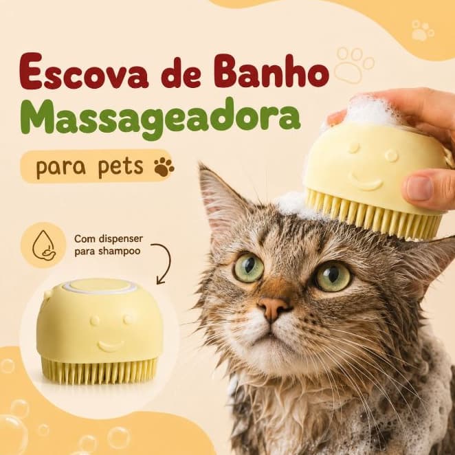 Escova de Banho Pet Massageadora com Dispenser para Shampoo Cachorro e Gato