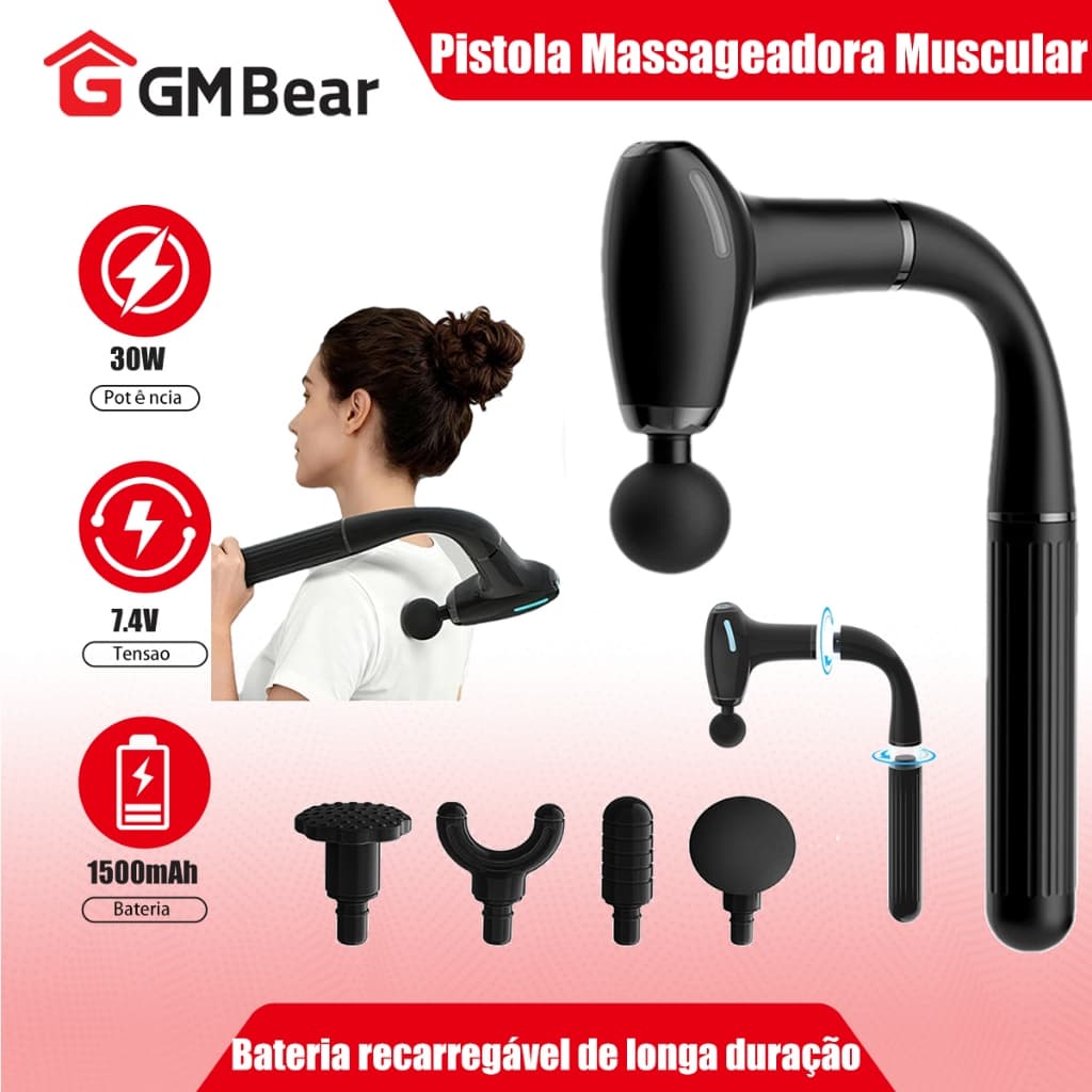 GM Bear Massageador Pistola Elétrica Profissional,Muscular Portátil Aparelho Fisioterapia Corporal,4 Velocidades