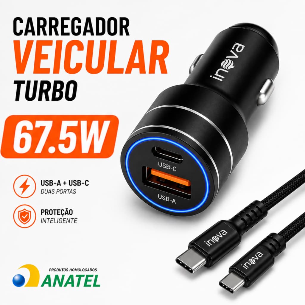 Carregador Veicular Turbo 67.5W USB-C Tipo-C + USB-A 2 Saídas Carregamento Rápido Metal Compativel Iphone Android Xiaomi
