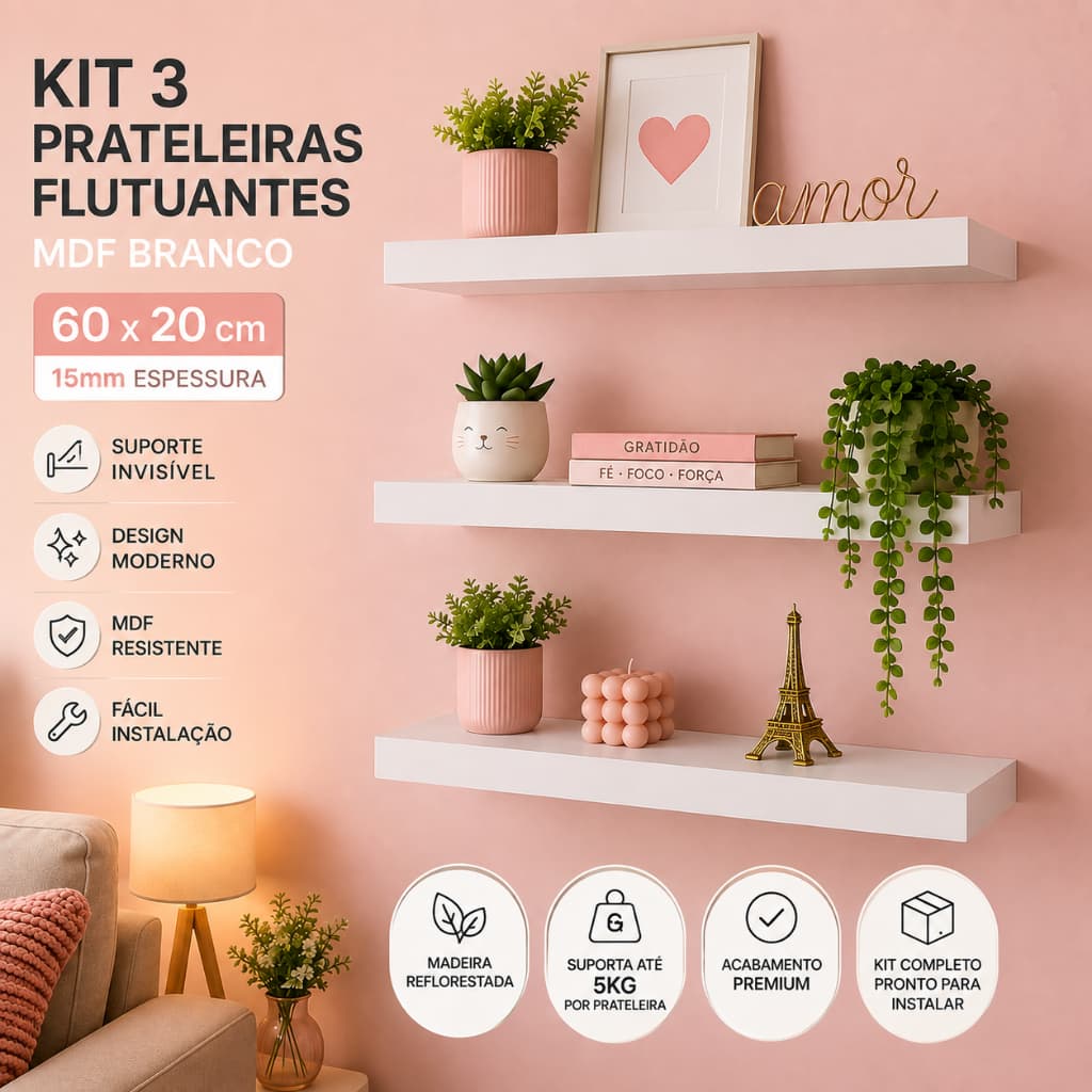 Kit 3 Prateleiras MDF Branco 60x20cm Parede Suporte Invisível