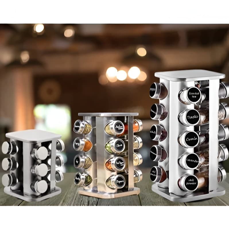 Porta Tempero Condimento Inox Potes Vidro Suporte Giratório Etiquetas e Caneta Decoração Cozinha Organizador Bancada