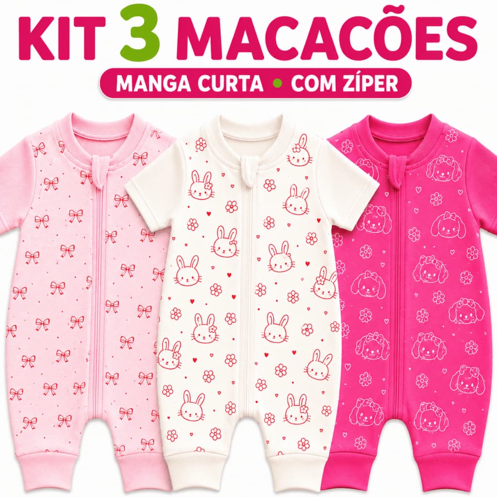 Kit 3 Macacão Bebê Verão Menina Curto Manga Curta Zíper Suedine 100% Algodão Roupa Bebê Calor Recém Nascido Enxoval