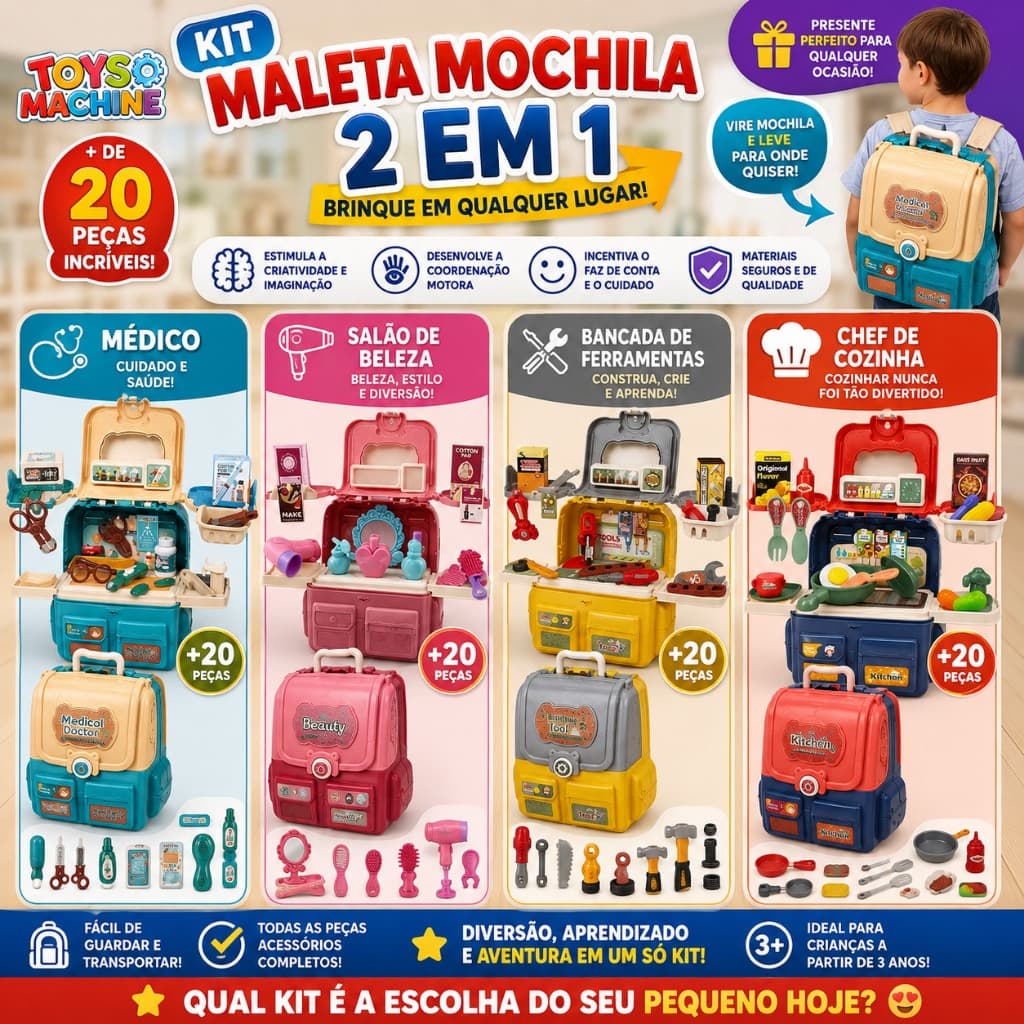Brinquedo Mochila Maleta Educativa 4 em 1 - Kit de Brinquedos Interativos para Crianças