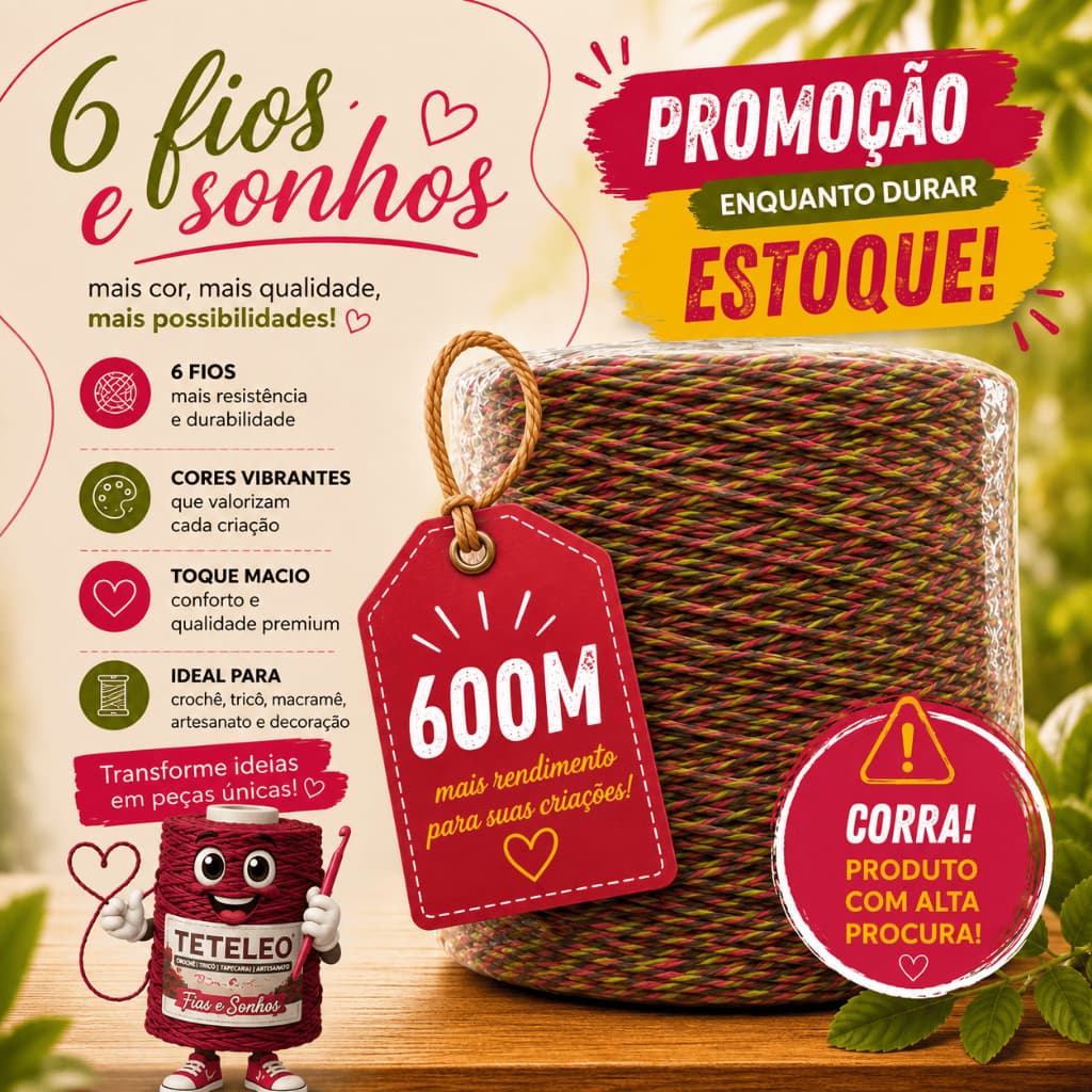 Barbante TeteLeo Queima De Estoque Nº 6 600 Metros – Fio Premium para Crochê |  Extra Macio, Sem Poeira e Não Desbota