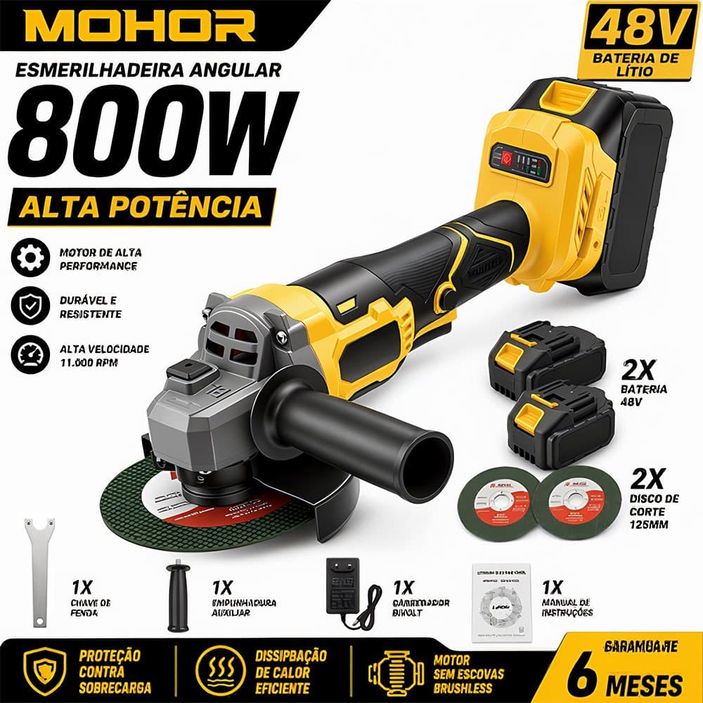 MOHOR Esmerilhadeira a Bateria 48V Dupla Bateria 125mm Alta Potência com Acessórios Completo