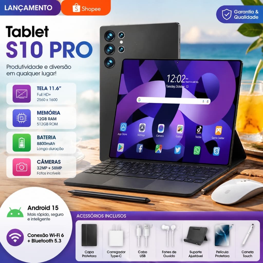 【Teclado + mouse grátis】Galaxy Tab S10 |12GB + 512GB |  HD 11.6" | Android 15 | 8800mAh | Presente Perfeito para Criança