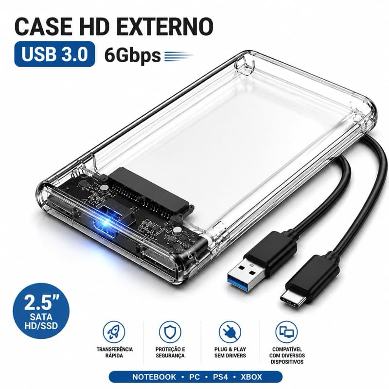 Case Externo USB 3.0 para HD/SSD SATA 2.5 Transparente com Cabo