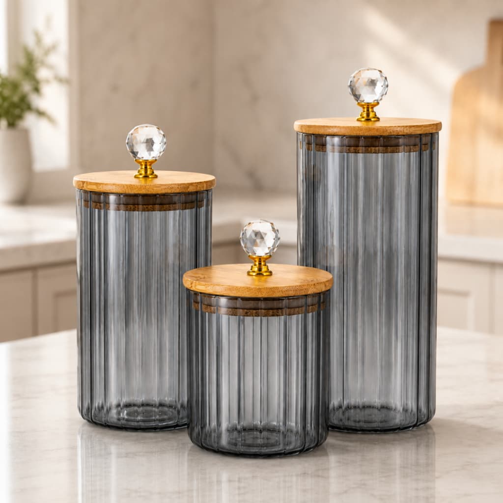 Kit Porta Mantimentos Preto em Vidro Canelado com Tampa de Bambu Potes Organizadores para Cozinha Café Açúcar Grãos