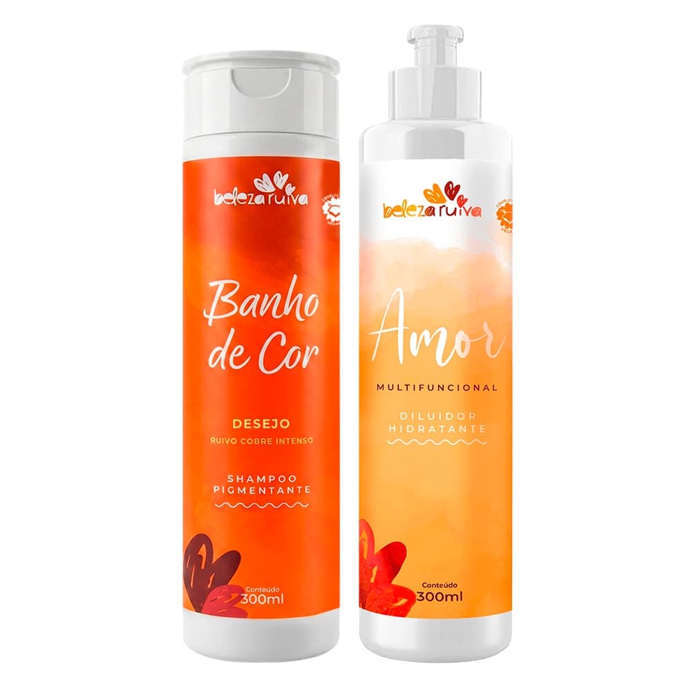 Shampoo Pigmentante Banho de Brilho Ruivo Cobre Intenso 300ml Diluidor Condicionador Amor 300ml Sem Amônia Hidratante