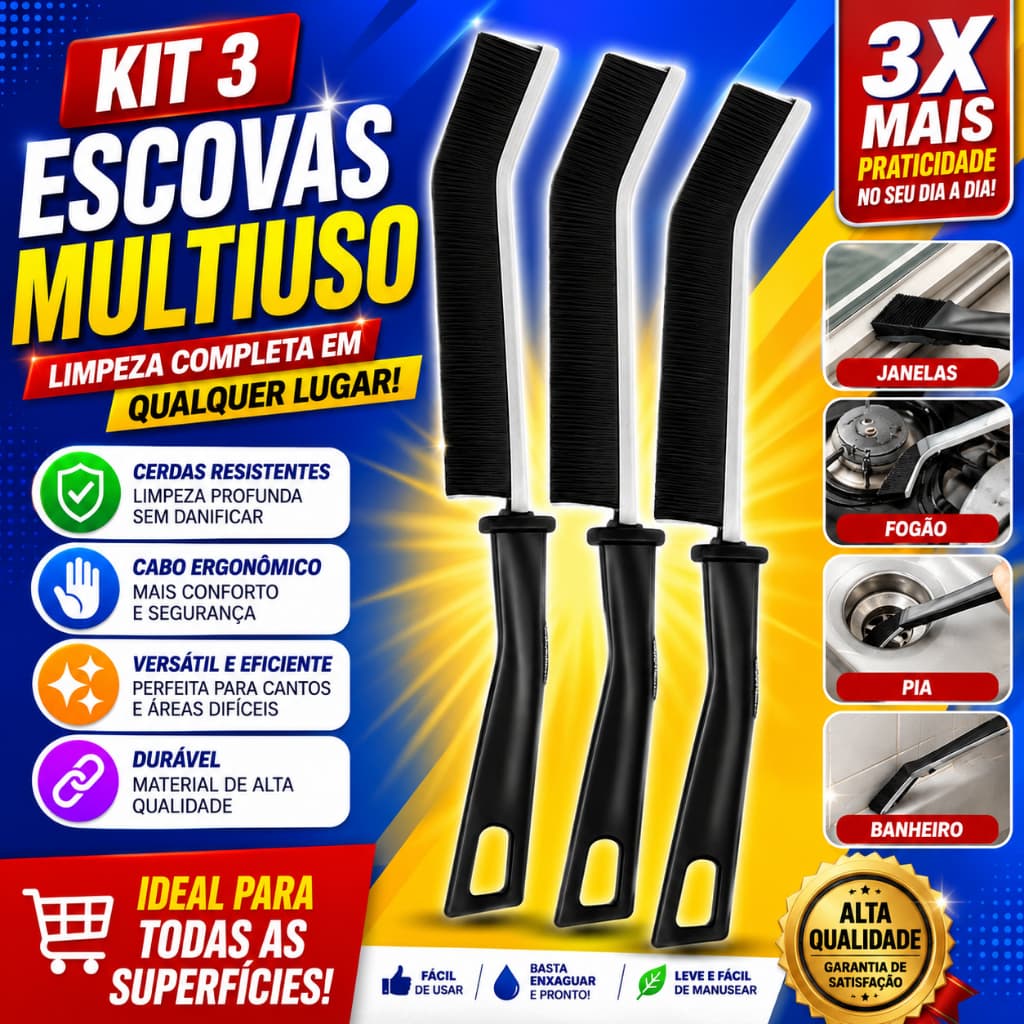 Kit 3 Escovas de Limpeza Multiuso para Frestas Cantos Trilhos Teclado Casa Carro