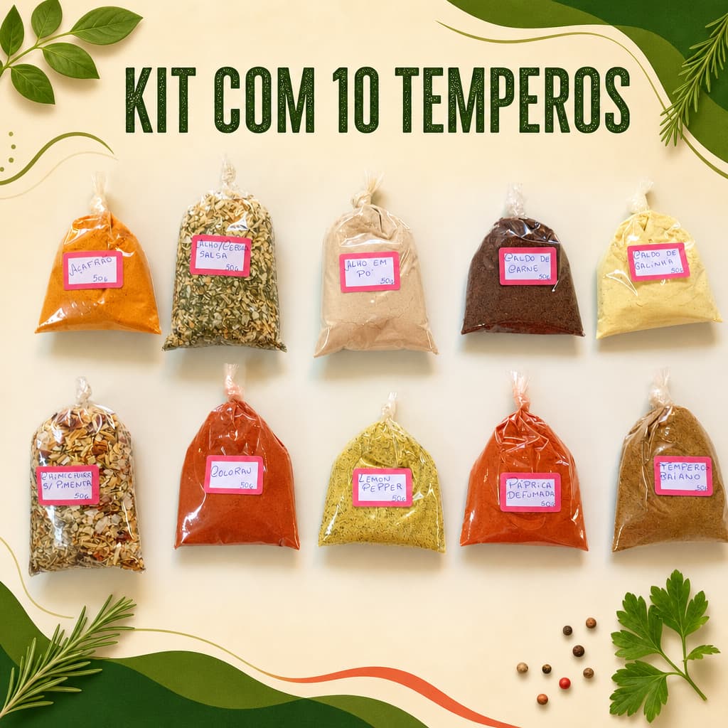 Kit com 10 temperos e condimentos 50g cada — 500 g no total