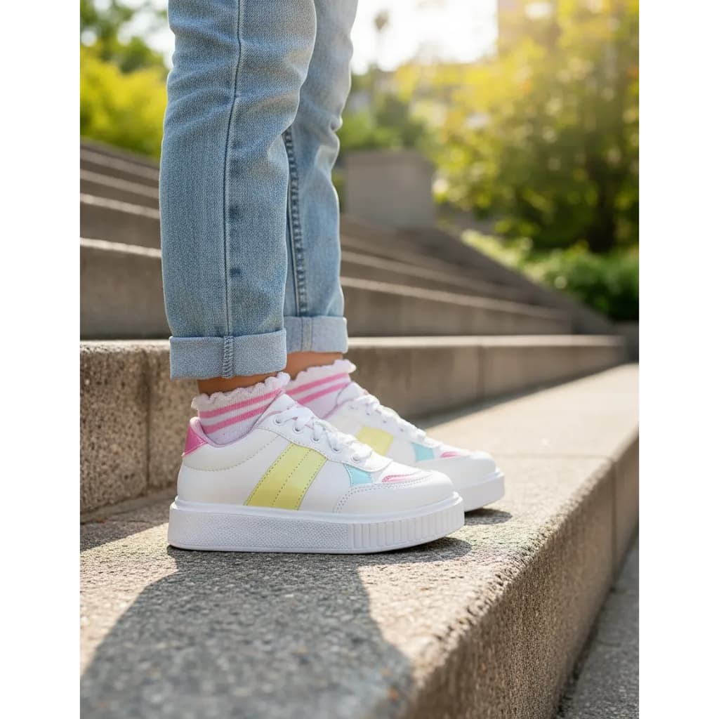 Tênis Infantil Casual Juliette Feminino Menina Branco Colorido Confortável Macio Escolar Lançamento Moda Voltas as Aulas