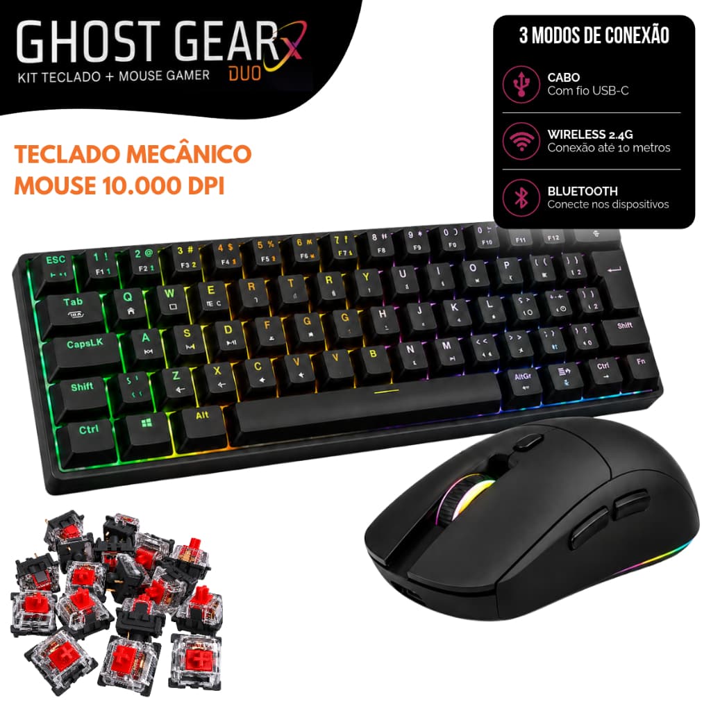 Kit Teclado Mecânico + Mouse 10000 Dpi Sem Fio Wireless Bluetooth Led RGB Personalizavel