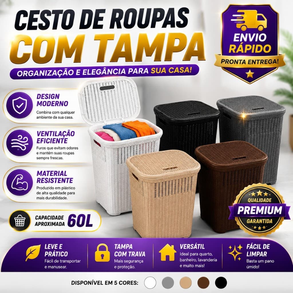 Cesto de Roupa Suja 50L Grande com Tampa Rattan Organizador para Lavanderia Banheiro Clouset Quarto