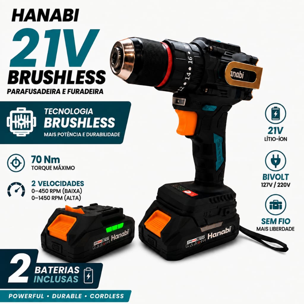 【Hanabi】Parafusadeira Furadeira 21V Sem Fio Brushless Sem Escova 1300RPM Bivolt 127/220V Profissional LB-SEM5003