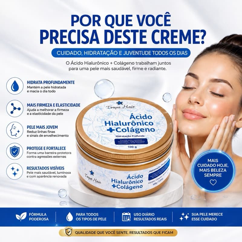 Creme Facial Acido Hialuronico + Colageno Hidratacao Profunda e Pele Mais Firme anti-idade e auxilia no rejuvenescimento