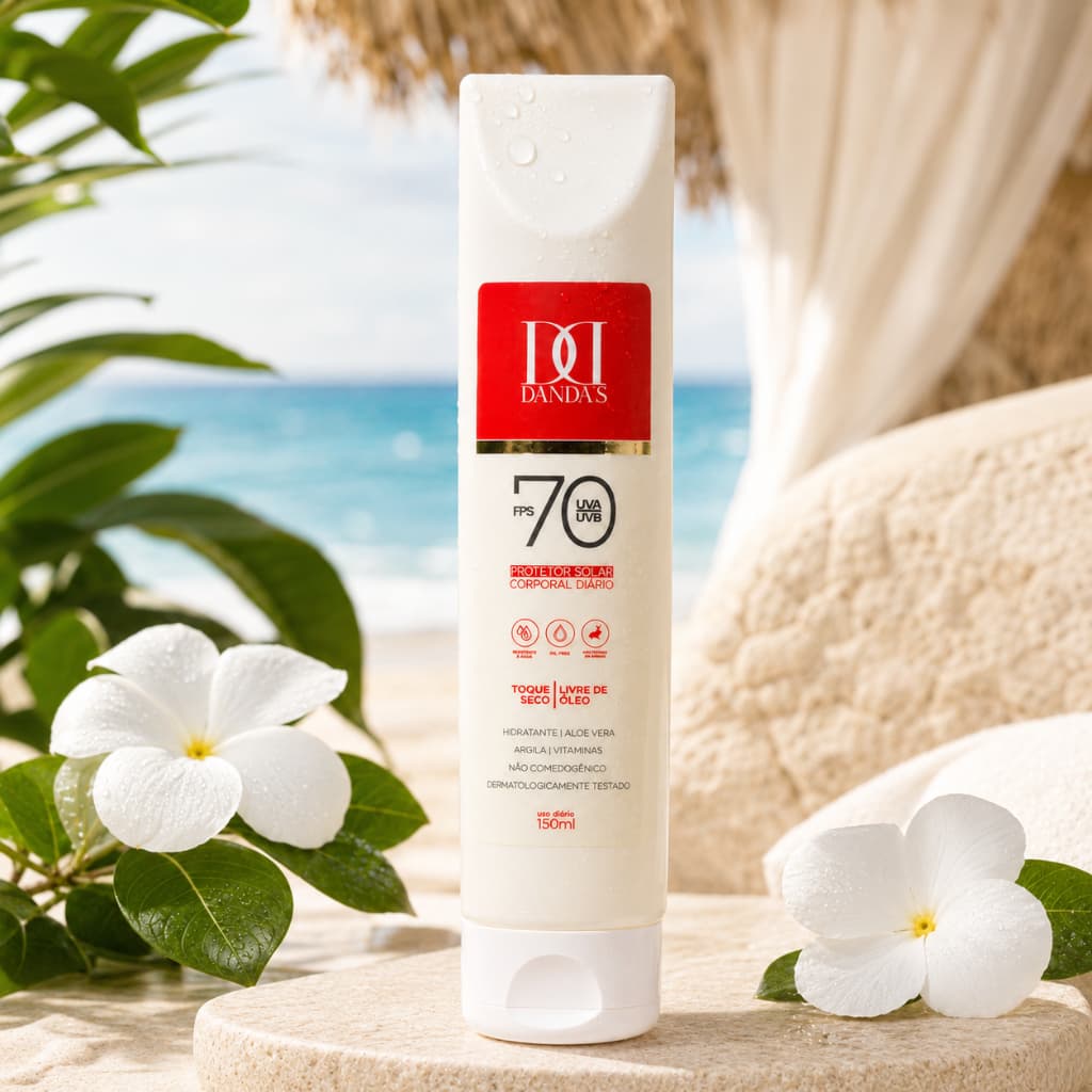 Protetor Solar Corporal e Facial Danda’s FPS 70 – 150ml antissinais, toque seco, ressistente a suor