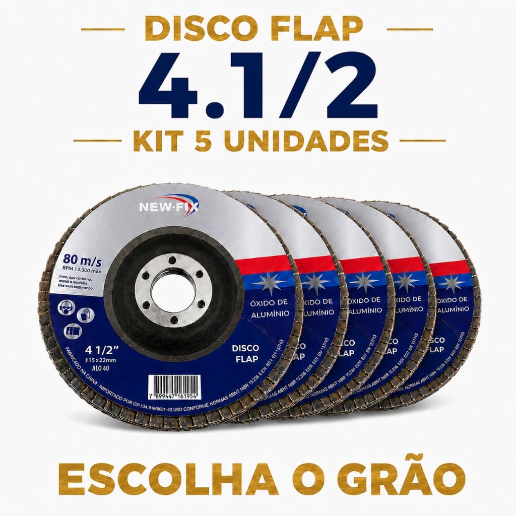 Kit 5 Discos Flap 4.1/2 115mm NewFix para Esmerilhadeira – Grão 40, 80 ou 120