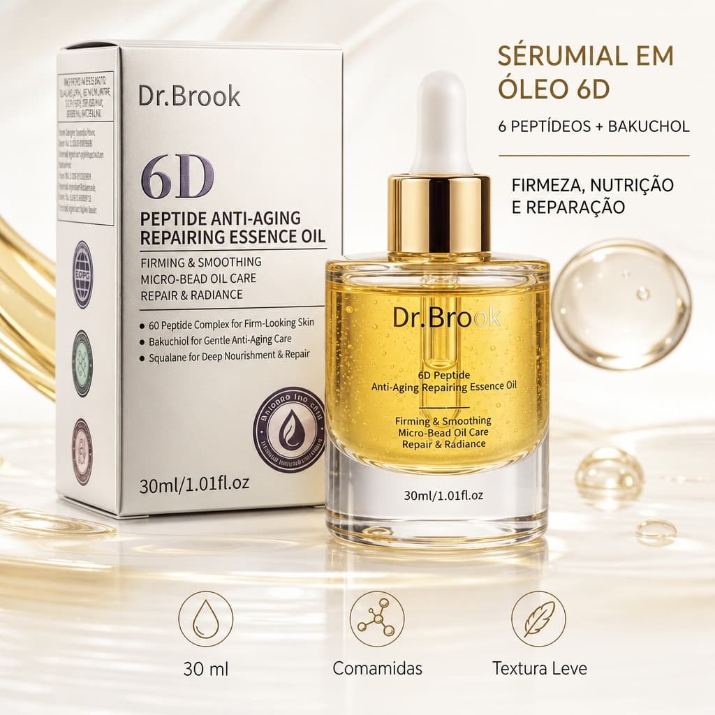 Sérum Facial em Óleo Dr.Brook 6D 30ml 6 Peptídeos Bakuchiol Ceramidas Esqualano Anti-idade Hidratante Firmador Reparador