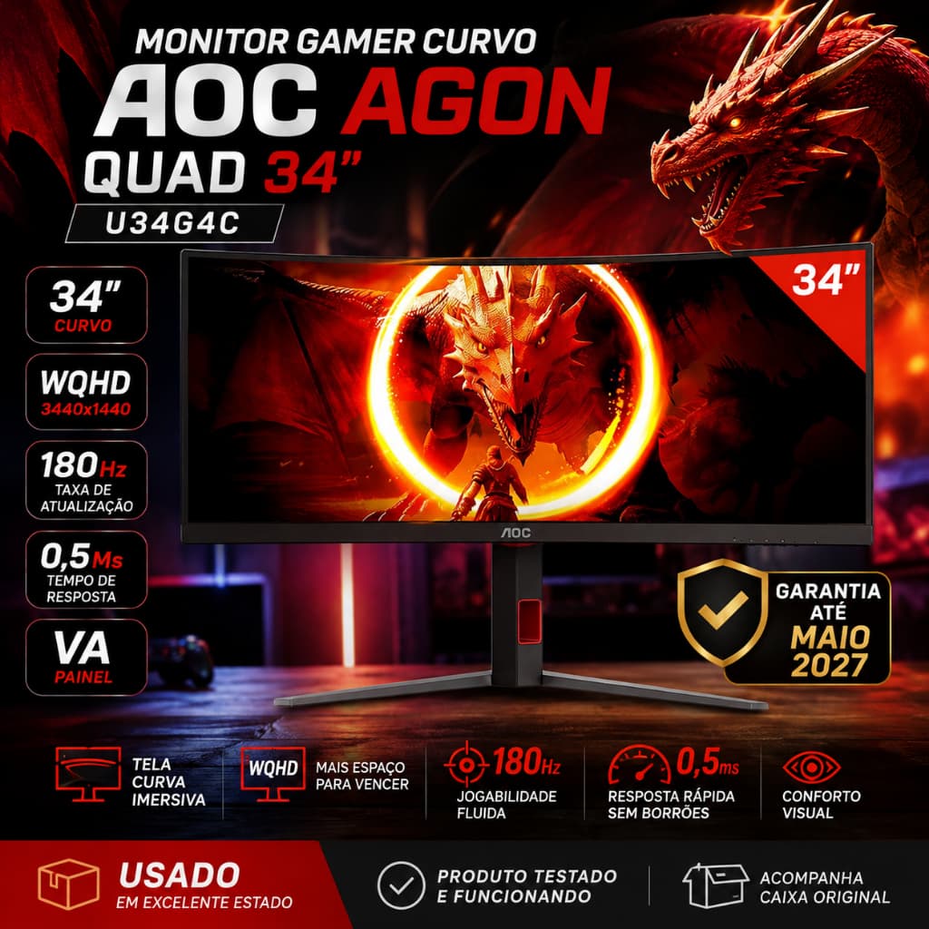 SEMINOVO - Monitor Gamer Curvo AOC AGON QUAD 34 Ultrawide WQHD 180Hz 0,5ms U34G4C Comprado maio 2026, ainda na garantia