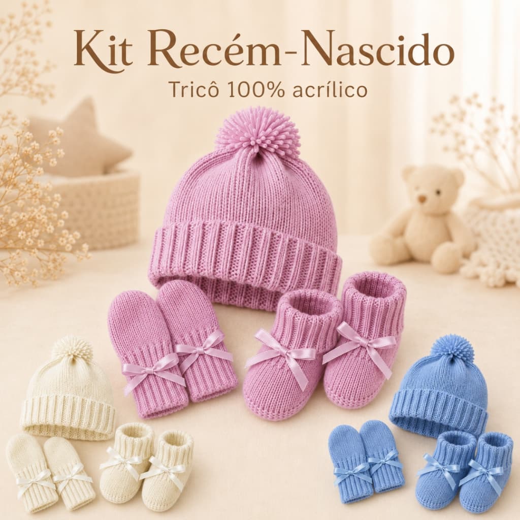 Kit Bebê Recém-Nascido 3 Peças em Tricô 100% Acrílico Touca Luvas e Sapatinhos para Maternidade Enxoval Menina Menino