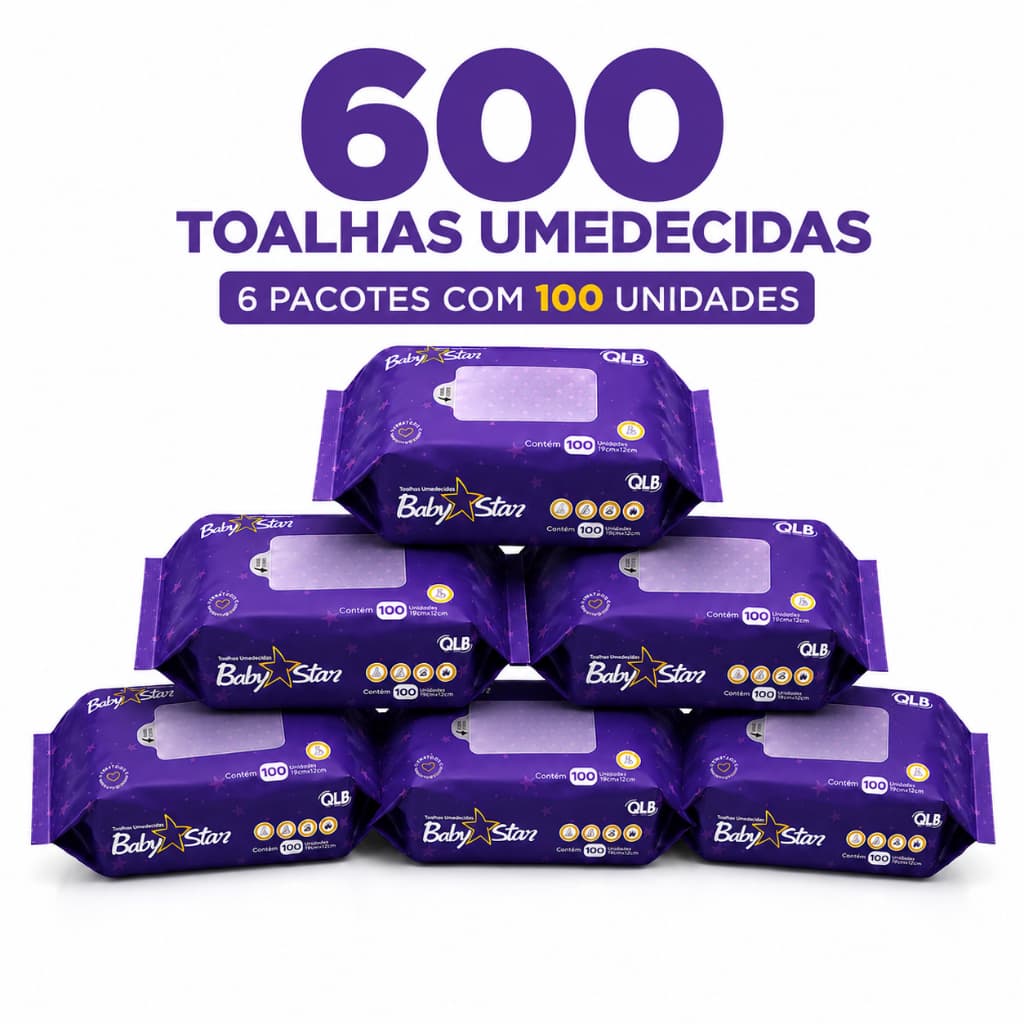Caixa com 6 Lenços/Toalhas Umedecidas Baby Star Roxa c/ 100 Unidades Cada – Sem Tampa FlipTop
