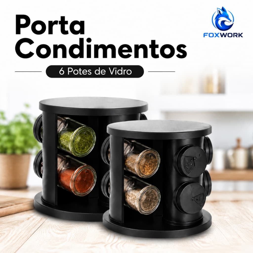 Porta Condimentos Giratório 360° com 6 Potes de Vidro - Organizador de Temperos - Tampa Dosadora