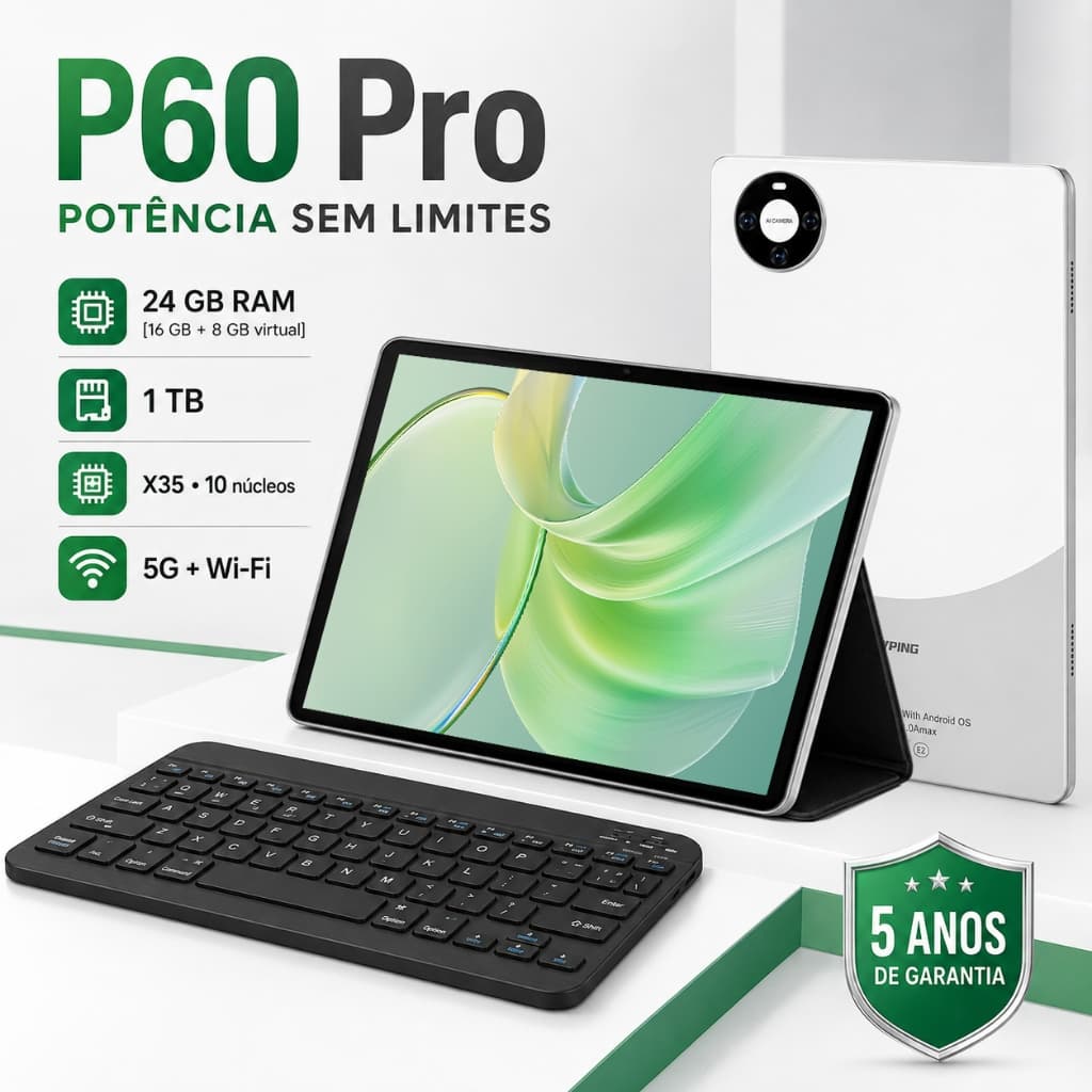 Tablet 11.6'' Full HD 24GB RAM + 1TB ROM 4K Android com Teclado Magnético, 10 Core, WiFi Dual Band, Câmera Dupla 16MP/32