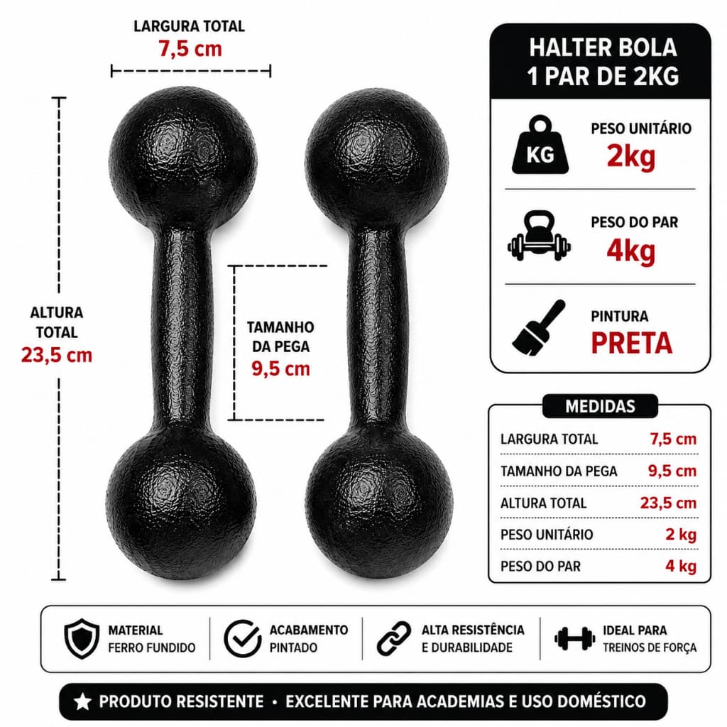 Halter Bola 2kg Par 2 Unidades Ferro Fundido Pintado Preto Academia Treino Musculação
