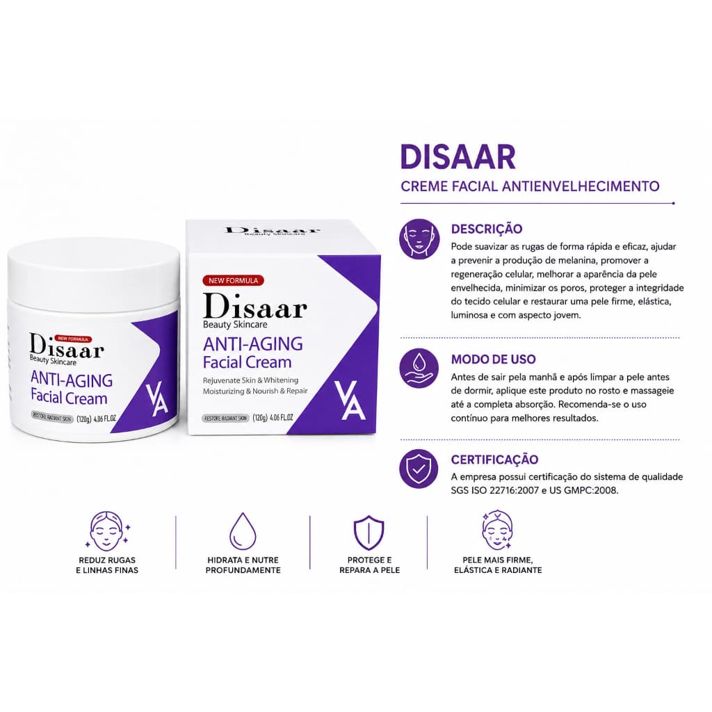 Creme Facial Anti Idade Rejuvenesce Repara Pele Disaar 120 G693