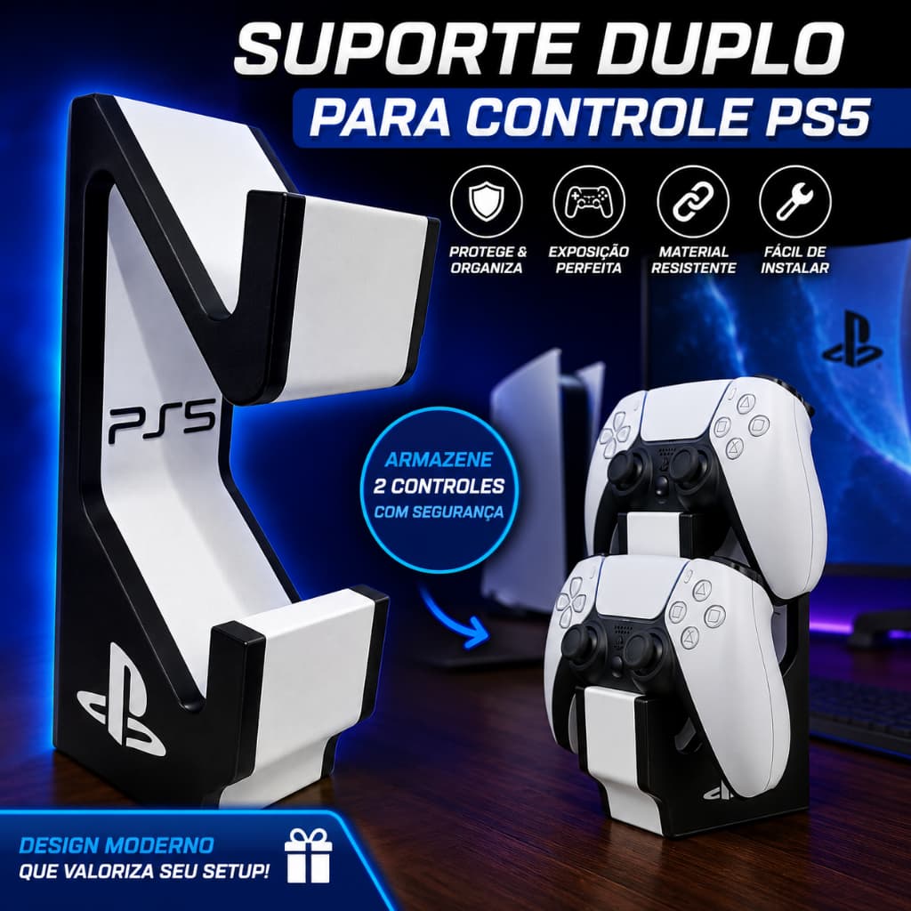 Suporte Duplo Controle PS5 DualSense Base Vertical Organizador Gamer Para 2 Controles PlayStation 5 Mesa Setup Acessório
