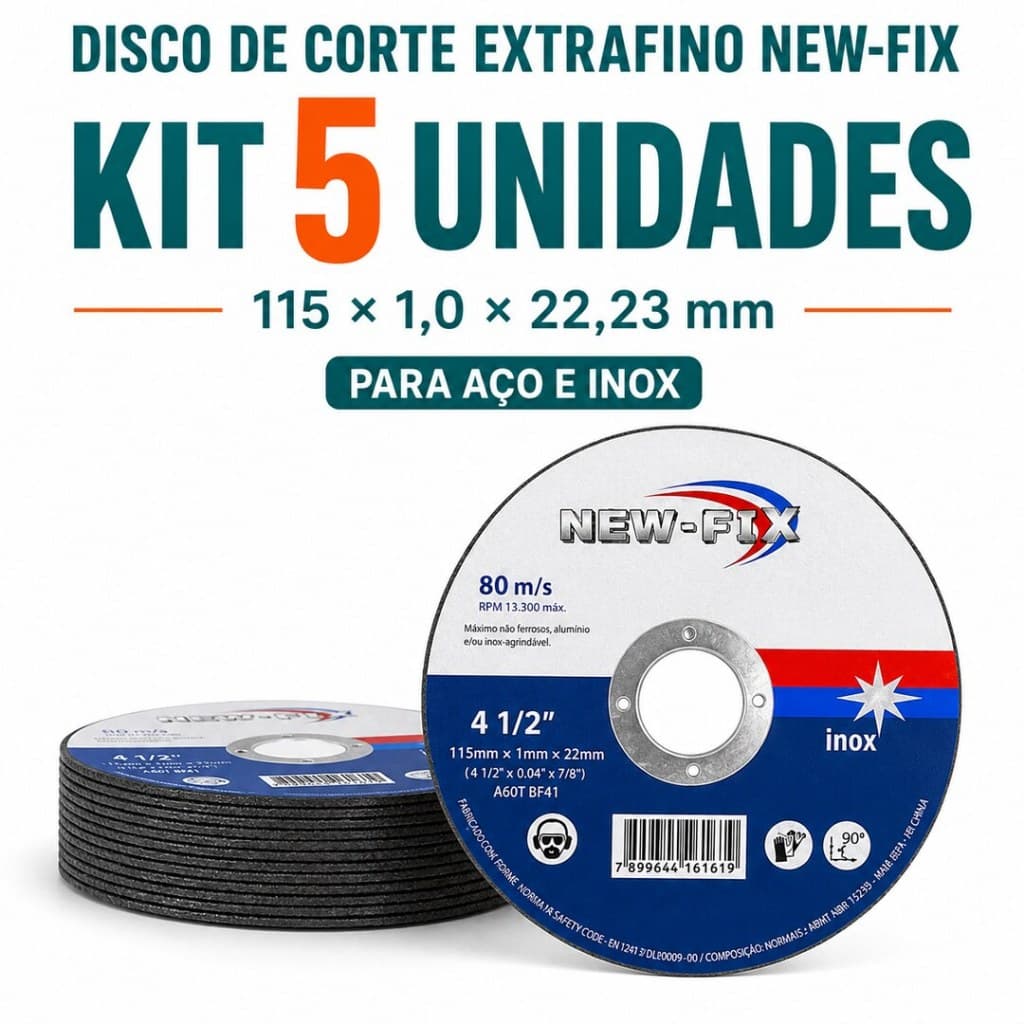 Kit 5 Discos de Corte Fino 4.1/2 4 1/2 115x1.0x22.23mm NewFix Inox Aço Metal Esmerilhadeira Serralheria Profissional