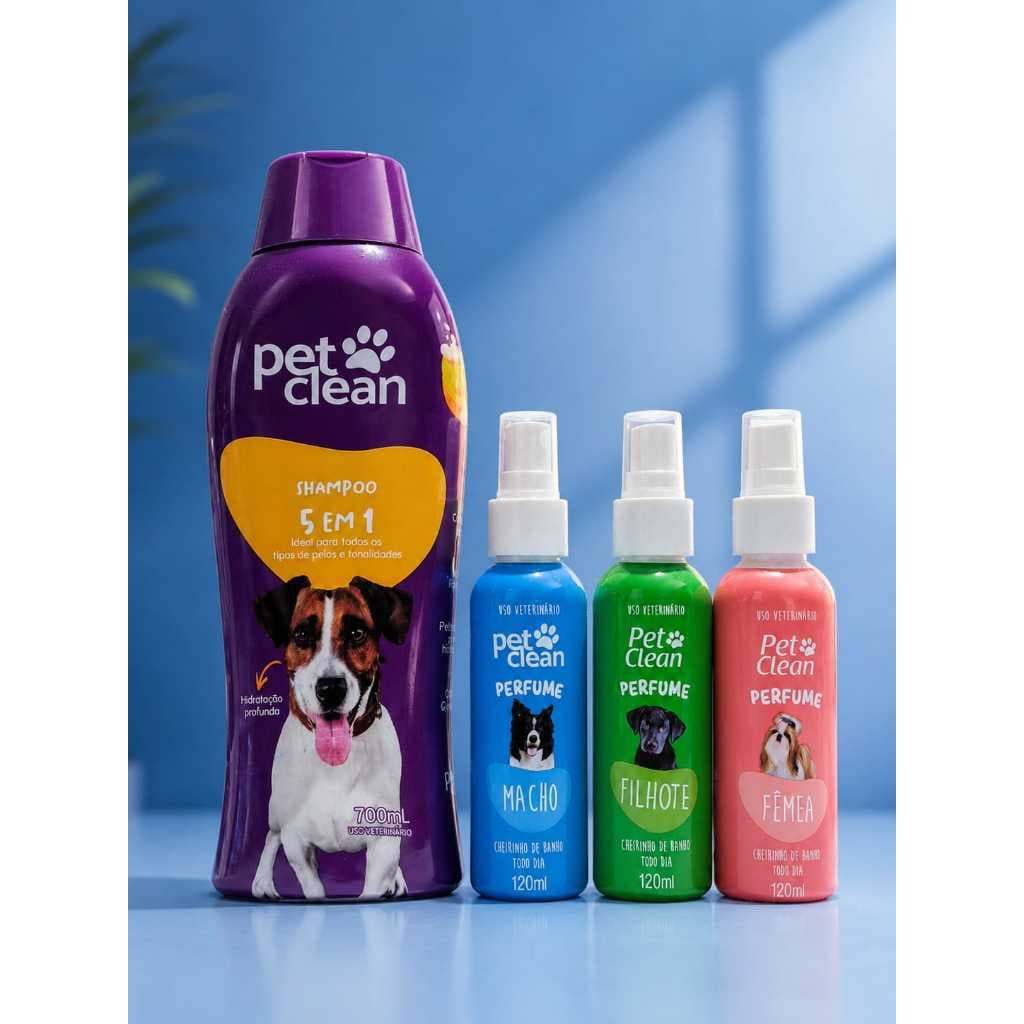 Shampoo 5 em 1 700 ml + Perfume 120 ml Pet Clean Escolha seu Kit Higiene para seu Amigo Para Cães e Gatos