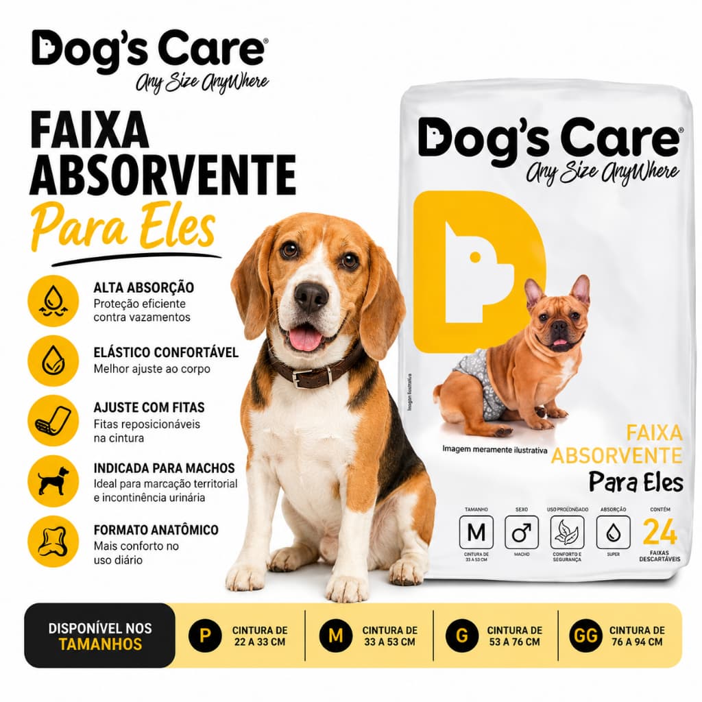 Fralda Higiênica Descartável para Cães Macho Tamanho P, G, GG 12 Unidades Absorvente Anatômico e Estéril Dog's Care