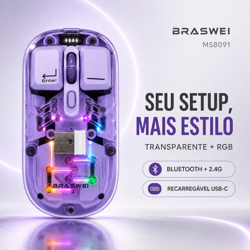 Mouse Sem Fio Transparente RGB Bluetooth e 2,4G Recarregável USB-C Clique Silencioso 2400 DPI MS8091 BRASWEI
