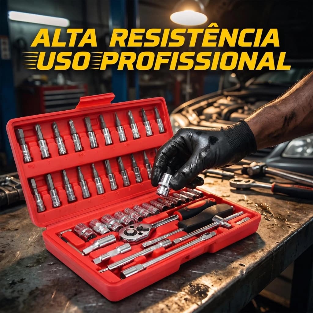 Jogo de Soquetes com Catraca 46 Peças, Kit de Ferramentas Automotivas em Caixa KL-5001