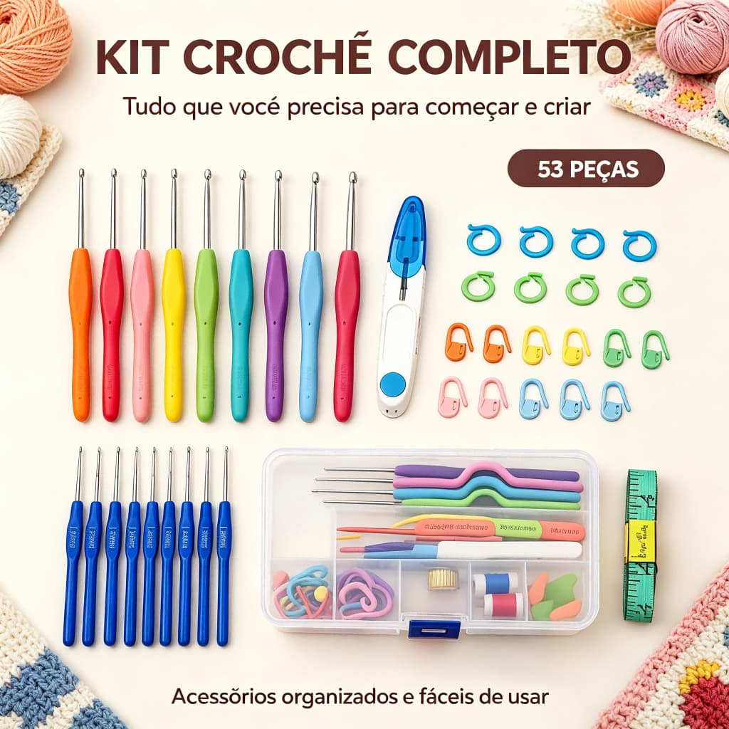 Kit Crochê 53 Peças Agulhas Cabo Soft Acessórios para Amigurumi Artesanato