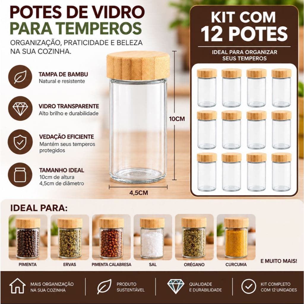 Kit com 12 Frascos de Vidro para Temperos - Tampa em Bambu Natural, Quadrado e Redondo - Escolha já o Seu