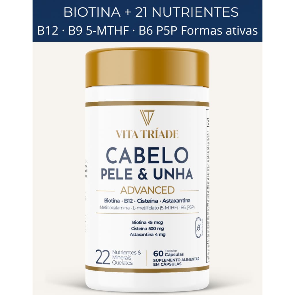 Biotina Vitamina Cabelo Pele e Unha 22 Nutrientes Super Fórmula Cisteína Astaxantina 60-240 Cápsulas