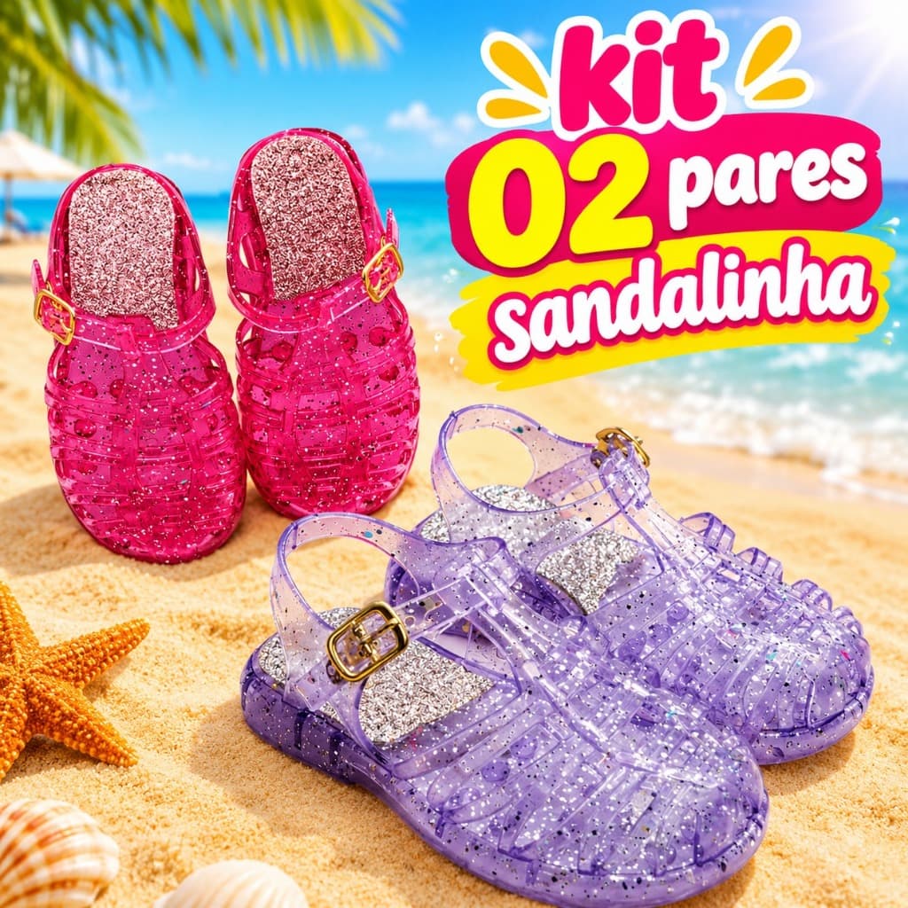 Kit 02 Pares Sandalia Infantil Papete Melissinha Menina Bebê Baby Glitter Macia Confortável Sandália