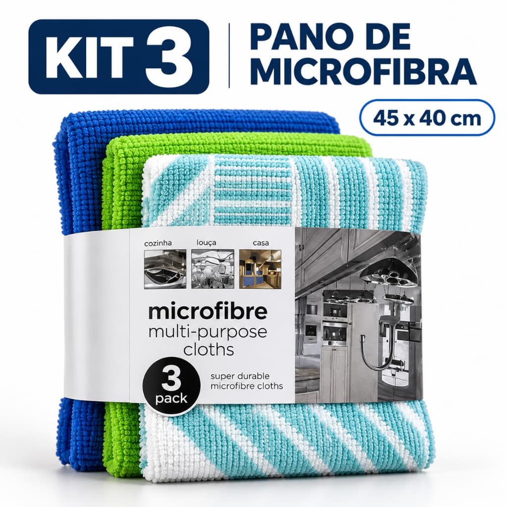 Kit 3 Panos Microfibra 45x40cm Multiuso Super Absorvente Casa Carro Vidros