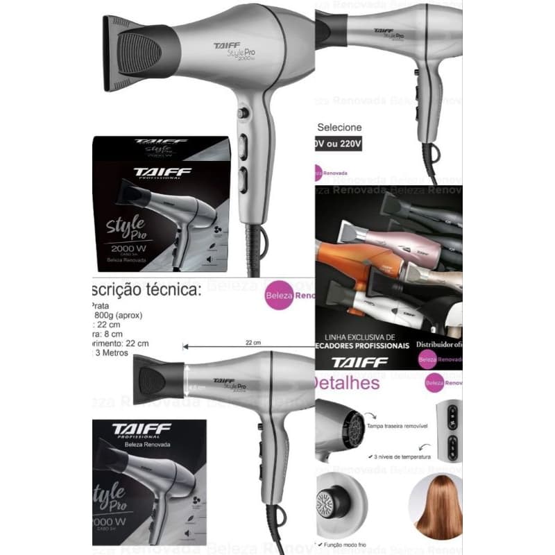 Secador de Cabelo Profissional Taiff Style 2000W - Motor AC Silencioso, 5 Temperaturas, Jato de Ar Frio