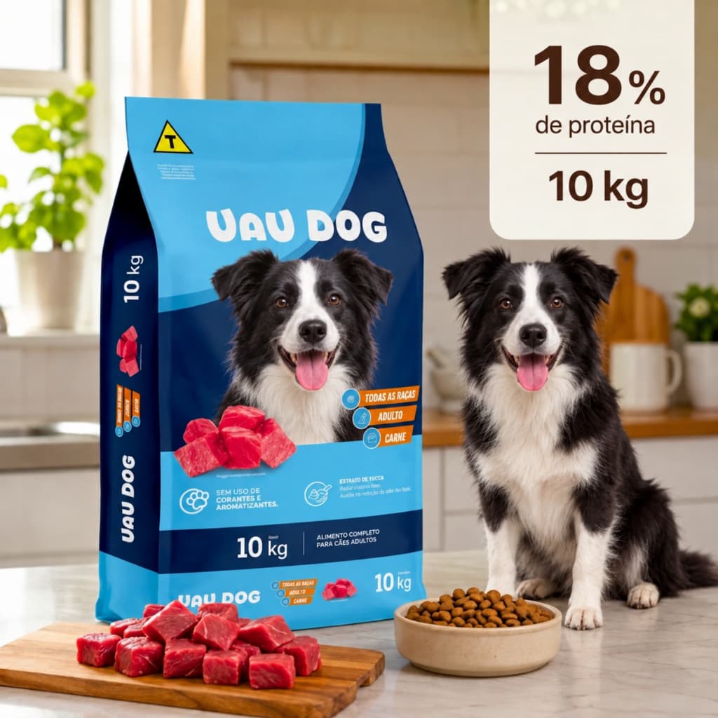 Ração Premium Para Cachorro Cães Uau Dog Adulto 18% de Proteína Sabor Carne Todas as Raças 10kg