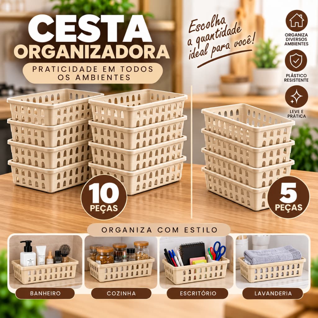 Kit 5 ou 10 Cestas Organizadoras Multiuso Plásticas – Organização para Cozinha, Banheiro, Lavanderia e Escritório