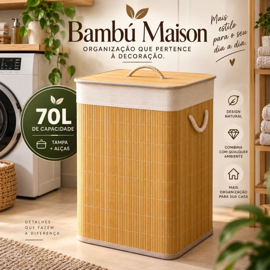 Cesto Organizador de Bambu 70L com Tampa e Alças – Cesto para Roupas, Lavanderia, Quarto e Banheiro
