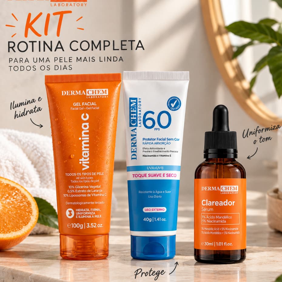 KIT SÉRUM CLAREADOR + GEL FACIAL VITAMINA C + PROTETOR SOLAR FPS 60 ORIGINAL DERMACHEM