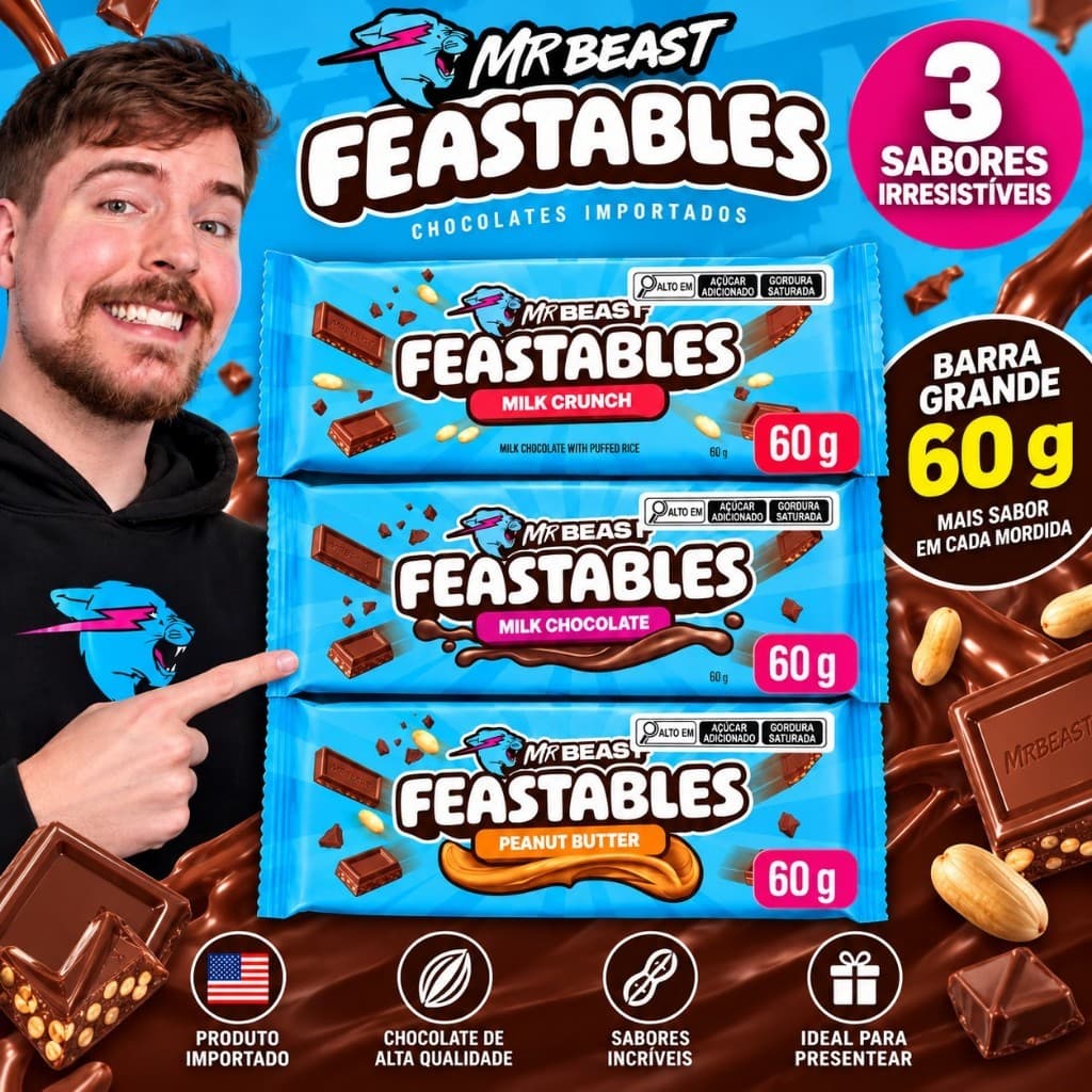 Chocolate Feastables MrBeast 60g – Milk Chocolate, Milk Crunch e Peanut Butter | Chocolate Importado
