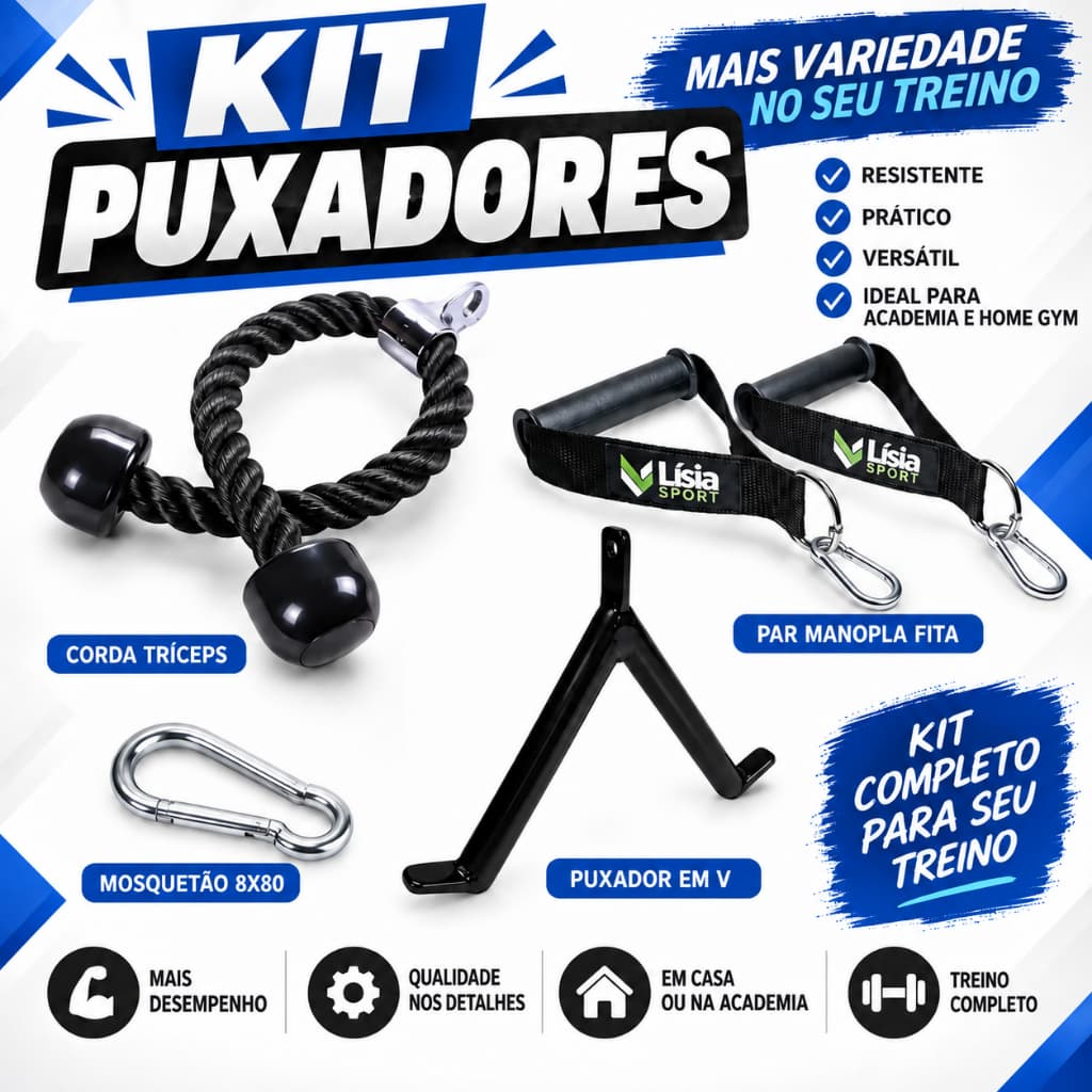 Kit 3 Puxadores Corda Tríceps Puxador em V Par Manopla Fita Academia Musculação Treino em Casa